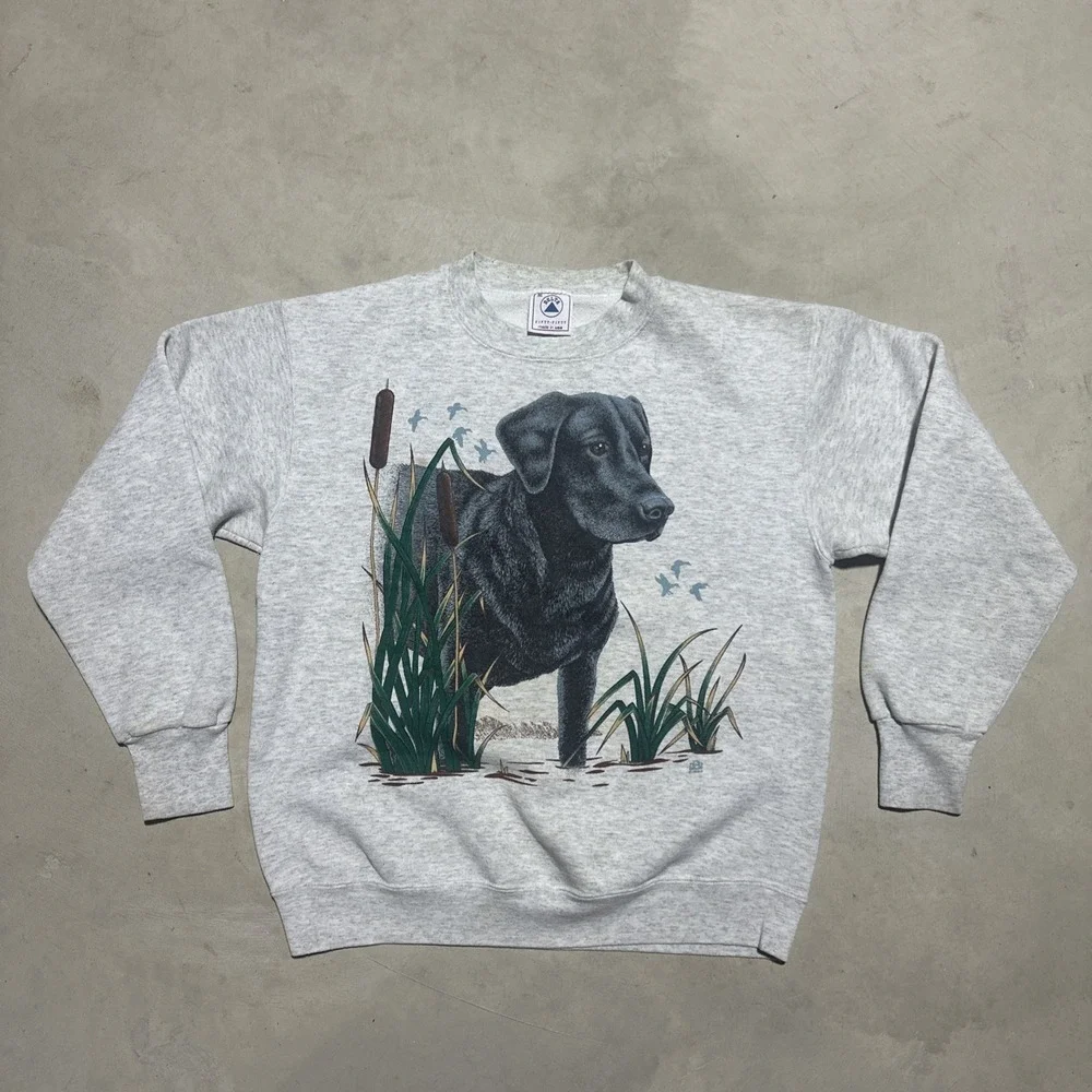 VTG 1990s Black Lab Crewneck Sweatshirt Men's SZ M Nature Hunting Animal 90s
